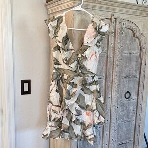 Express Sleeveless Wrap Dress in Cream and Olive with Peach Accents